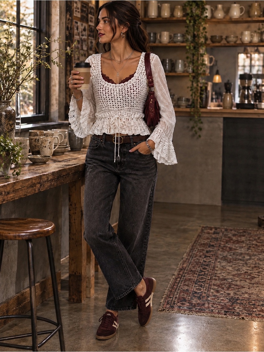 ZARA Crochet Eyelet Mixed Media Drawstring Peplum Top | Creamy Ivory | Neutral